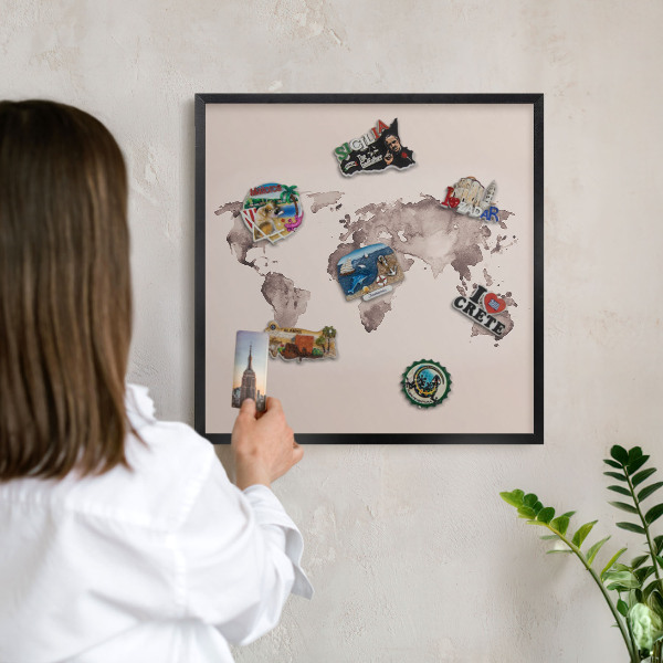 Vacation magnet board with a black frame World map