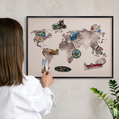 Vacation magnet board with a black frame World map
