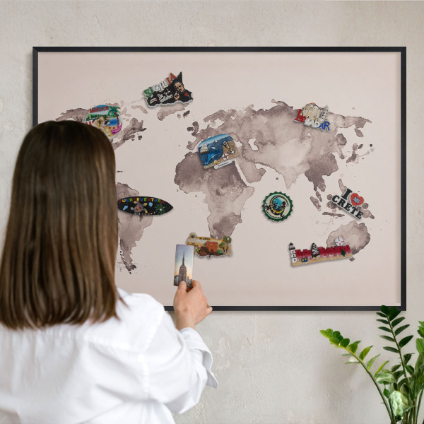 Vacation magnet board with a black frame World map
