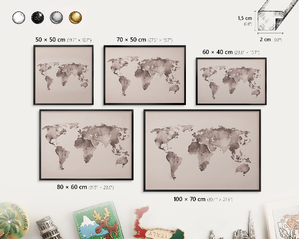 Vacation magnet board with a black frame World map