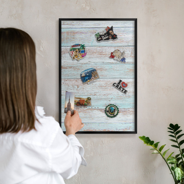 Metal wall board for magnets in a black frame Rustic boards