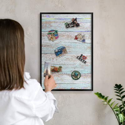Metal wall board for magnets in a black frame Rustic boards