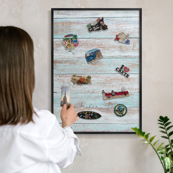 Metal wall board for magnets in a black frame Rustic boards