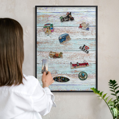 Metal wall board for magnets in a black frame Rustic boards