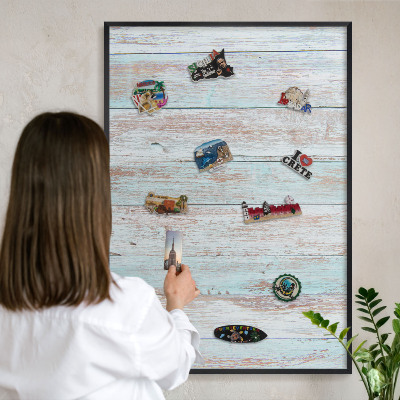 Metal wall board for magnets in a black frame Rustic boards