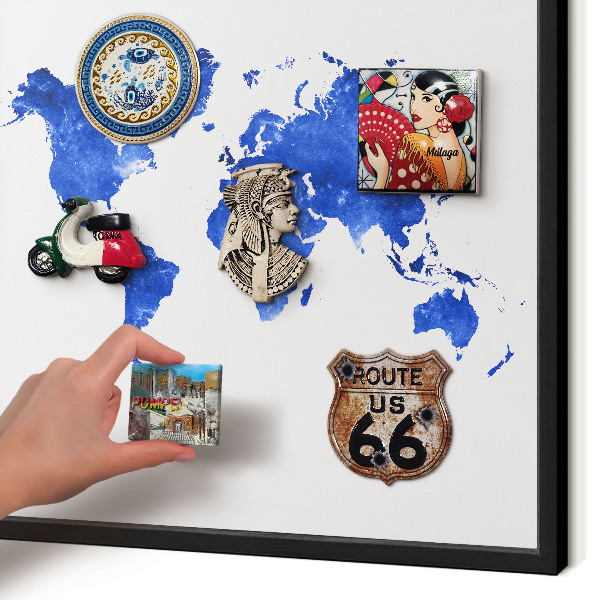 Vacation magnet board with a black frame World map