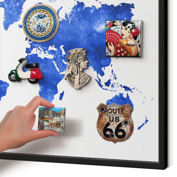 Vacation magnet board with a black frame World map