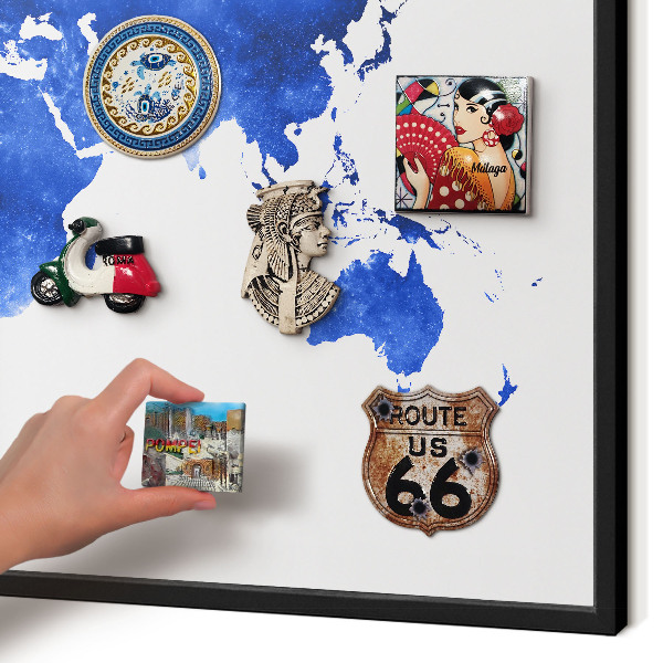 Vacation magnet board with a black frame World map