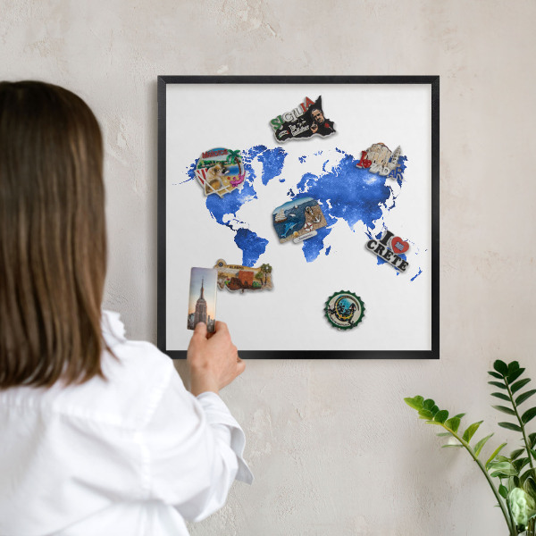 Vacation magnet board with a black frame World map