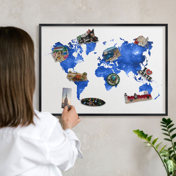 Vacation magnet board with a black frame World map