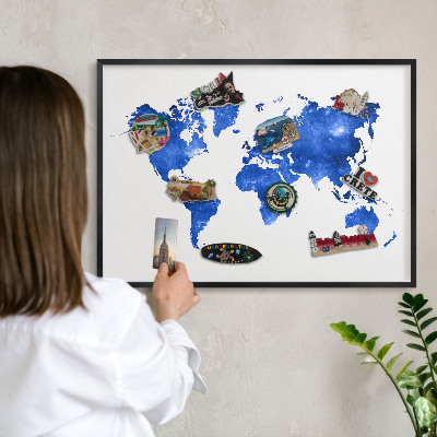 Vacation magnet board with a black frame World map