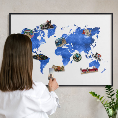 Vacation magnet board with a black frame World map