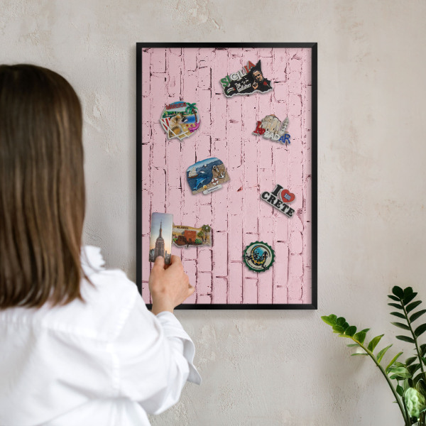 Vacation magnet board with a black frame Pink brick