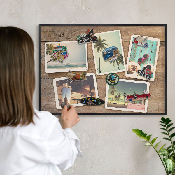Vacation magnet board with a black frame Holiday nostalgia