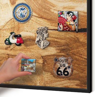 Metal wall board for magnets in a black frame Natural wood