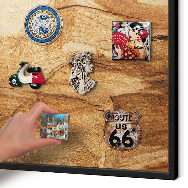 Metal wall board for magnets in a black frame Natural wood
