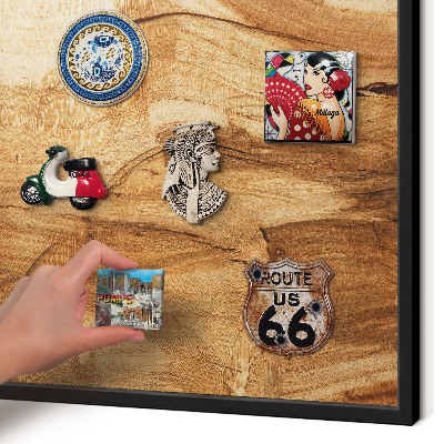 Metal wall board for magnets in a black frame Natural wood
