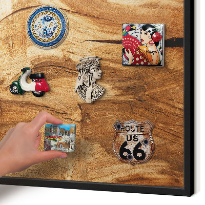 Metal wall board for magnets in a black frame Natural wood