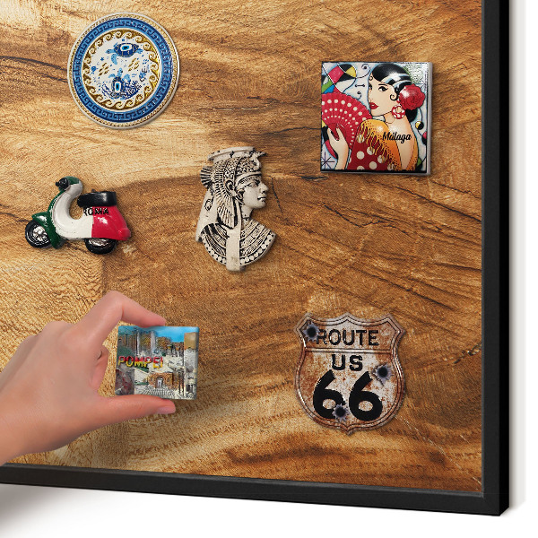 Metal wall board for magnets in a black frame Natural wood