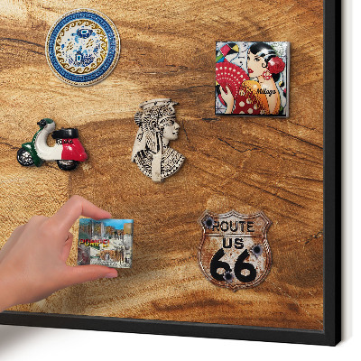 Metal wall board for magnets in a black frame Natural wood