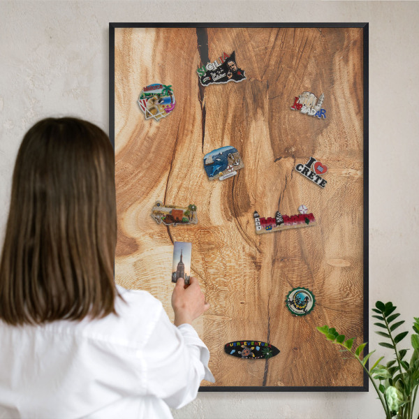 Metal wall board for magnets in a black frame Natural wood