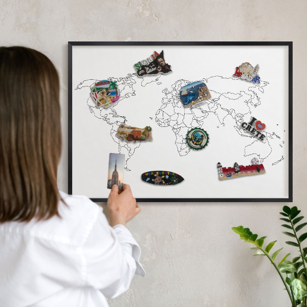 Metal wall board for magnets in a black frame Contour map