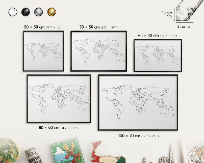 Metal wall board for magnets in a black frame Contour map