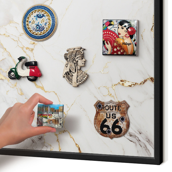 Metal wall board for magnets in a black frame Marble elegance
