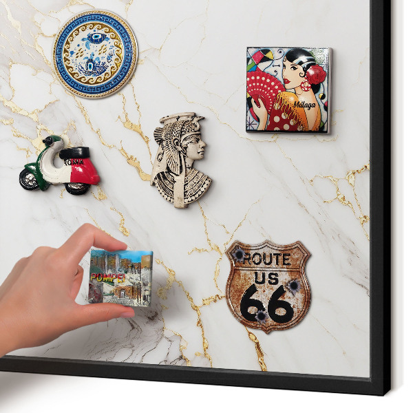 Metal wall board for magnets in a black frame Marble elegance
