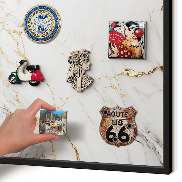 Metal wall board for magnets in a black frame Marble elegance
