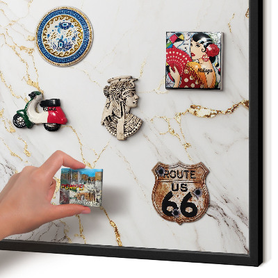 Metal wall board for magnets in a black frame Marble elegance