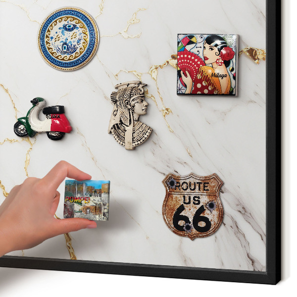 Metal wall board for magnets in a black frame Marble elegance