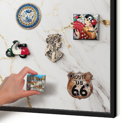 Metal wall board for magnets in a black frame Marble elegance