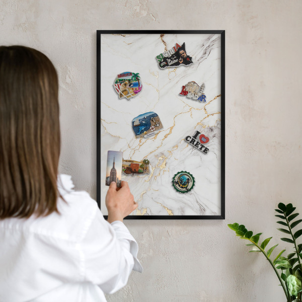 Metal wall board for magnets in a black frame Marble elegance