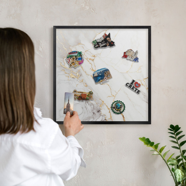 Metal wall board for magnets in a black frame Marble elegance