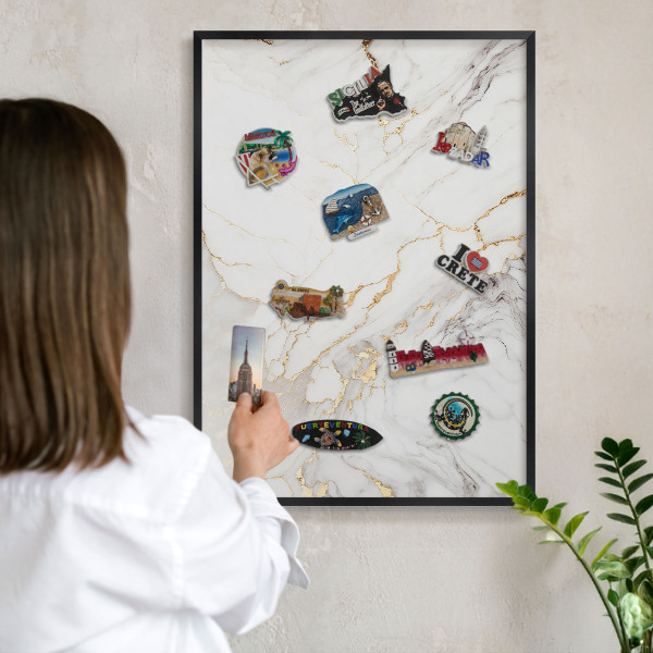 Metal wall board for magnets in a black frame Marble elegance