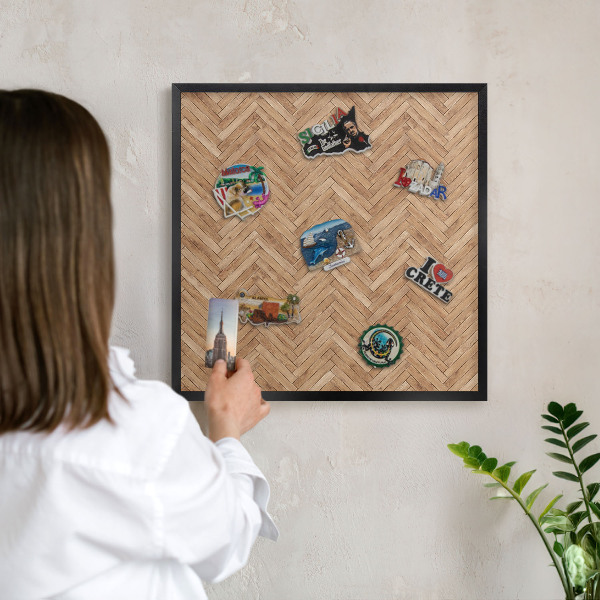 Metal wall board for magnets in a black frame Herringbone pattern