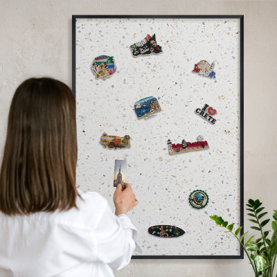 Vacation magnet board with a black frame Terrazzo pattern