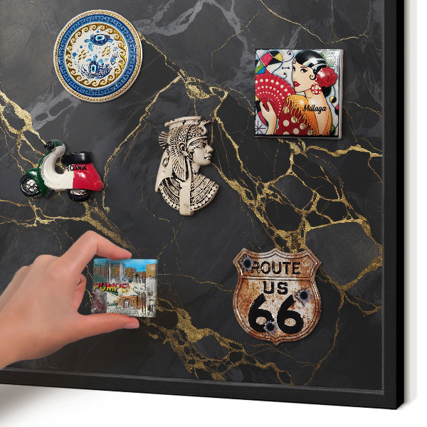 Metal wall board for magnets in a black frame Black marble