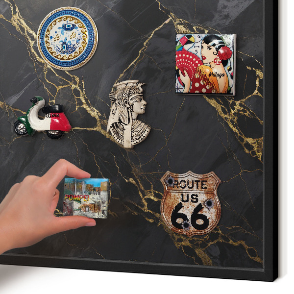 Metal wall board for magnets in a black frame Black marble