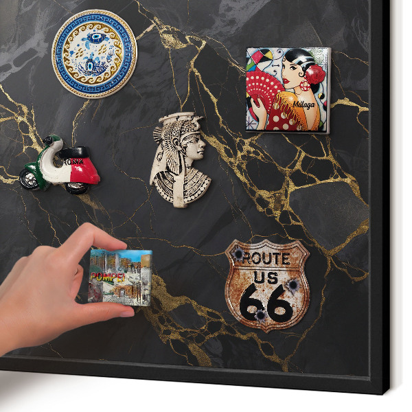 Metal wall board for magnets in a black frame Black marble