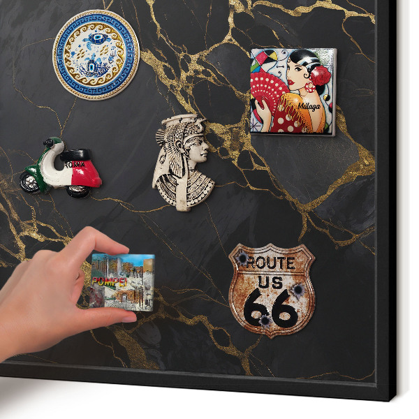 Metal wall board for magnets in a black frame Black marble