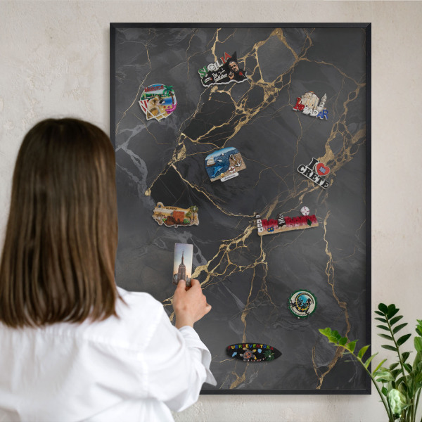 Metal wall board for magnets in a black frame Black marble