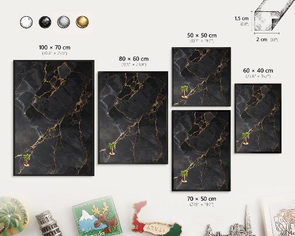 Metal wall board for magnets in a black frame Black marble