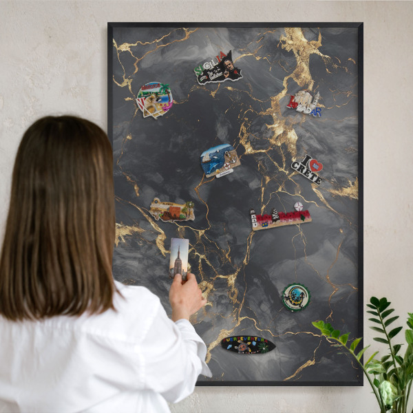 Metal wall board for magnets in a black frame Delicate veins