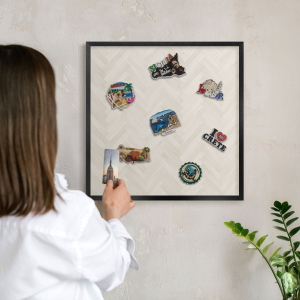 Metal wall board for magnets in a black frame Subtle herringbone