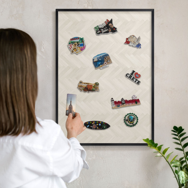 Metal wall board for magnets in a black frame Subtle herringbone