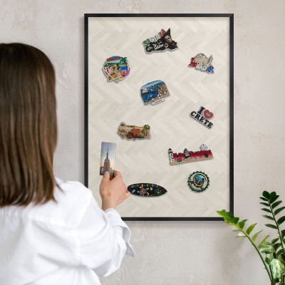 Metal wall board for magnets in a black frame Subtle herringbone