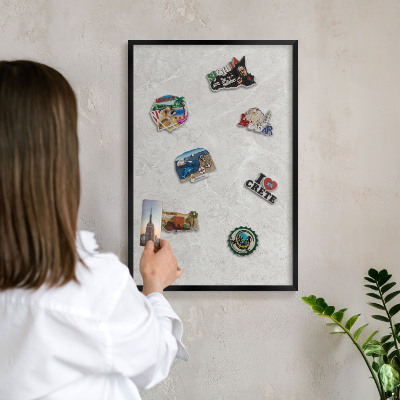 Vacation magnet board with a black frame Gray marble