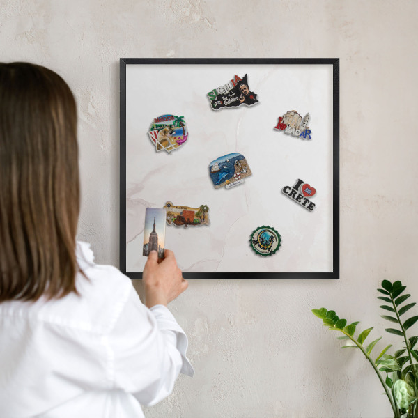 Metal wall board for magnets in a black frame Marble elegance